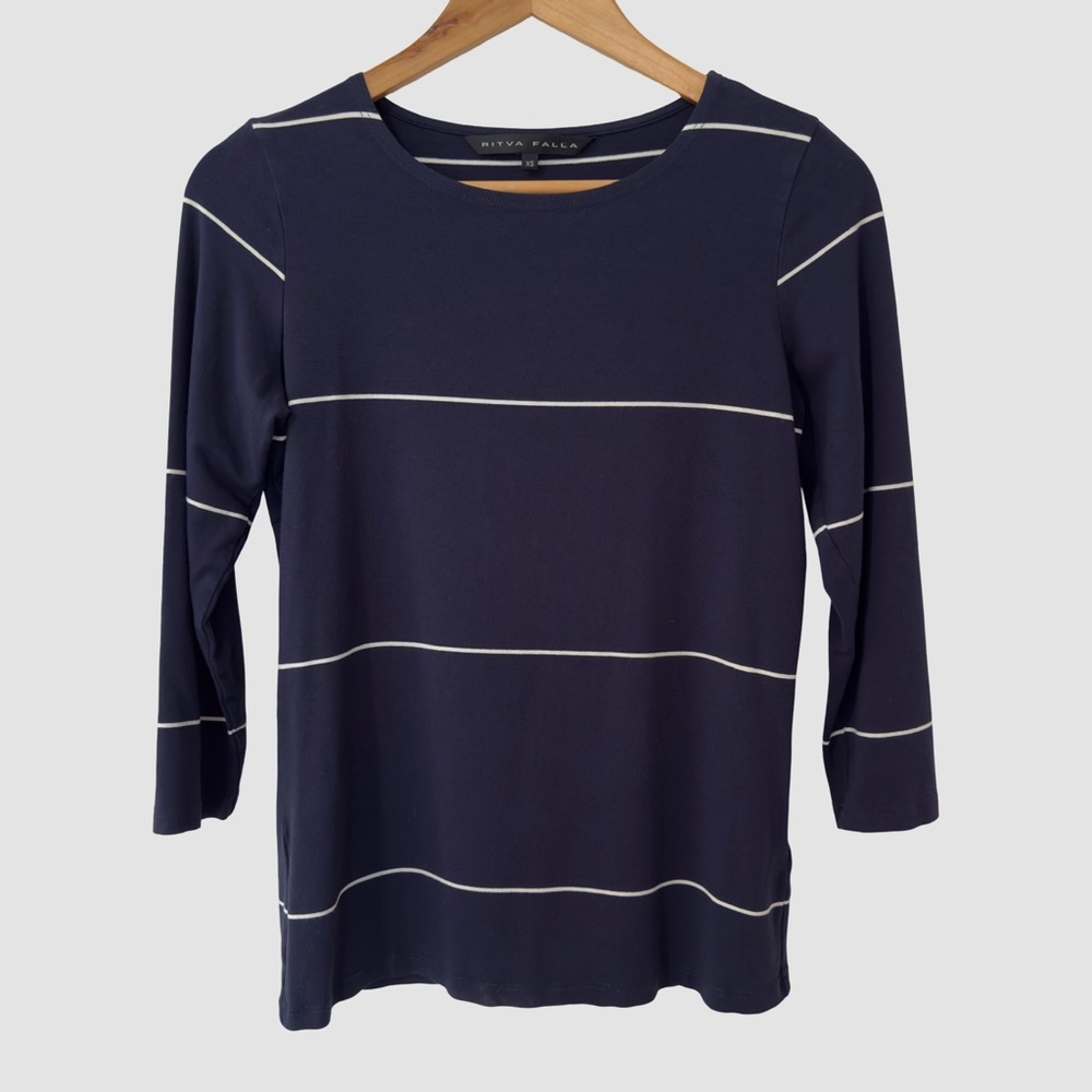 Ritva Falla Navy Sriped 3/4 Sleeve Knit Top XS